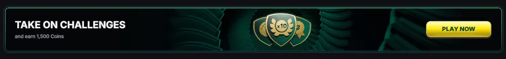 Banner de desafíos de juego Kinbet que ofrece recompensas en monedas por participación